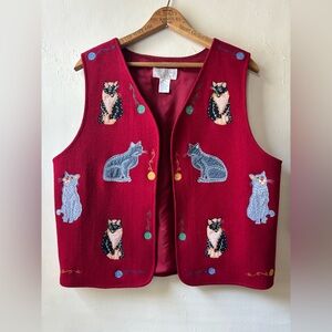 Vintage Red Cat Embroidered Wool Vest by Casey Coleman EXC